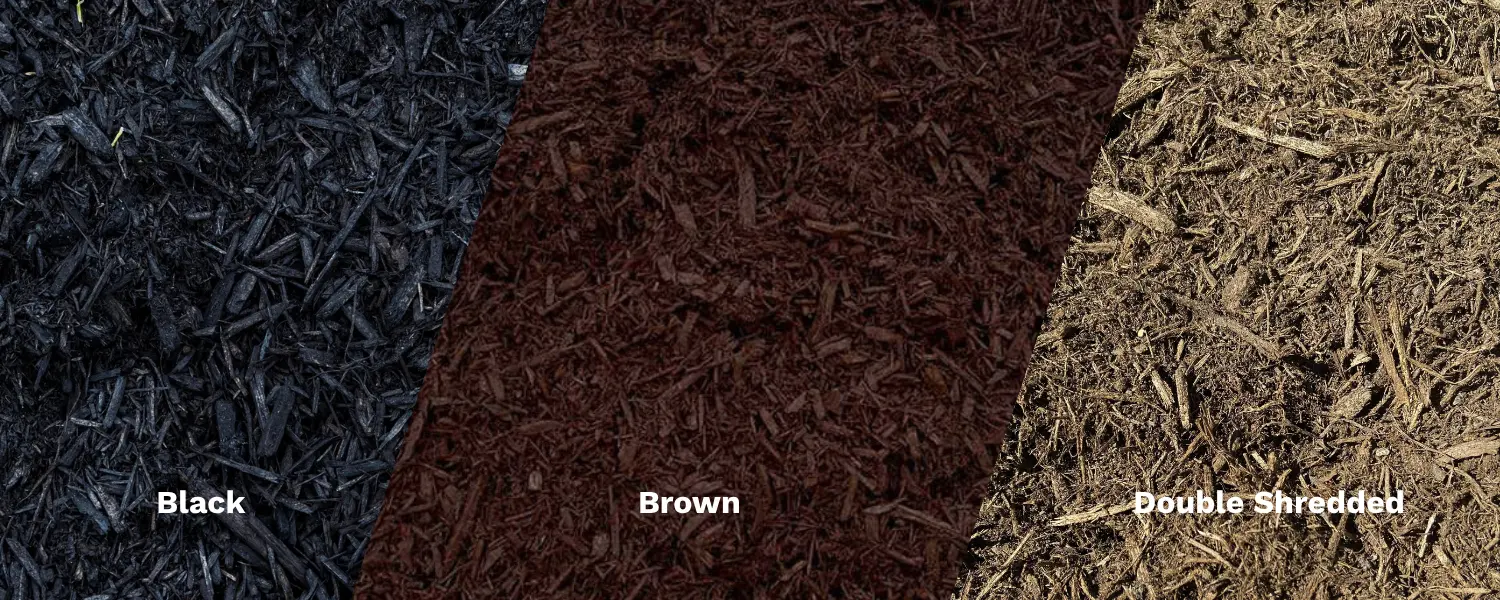Bulk mulch background showing black mulch, brown mulch, and double shredded mulch with green gradient hero background for garden center website
