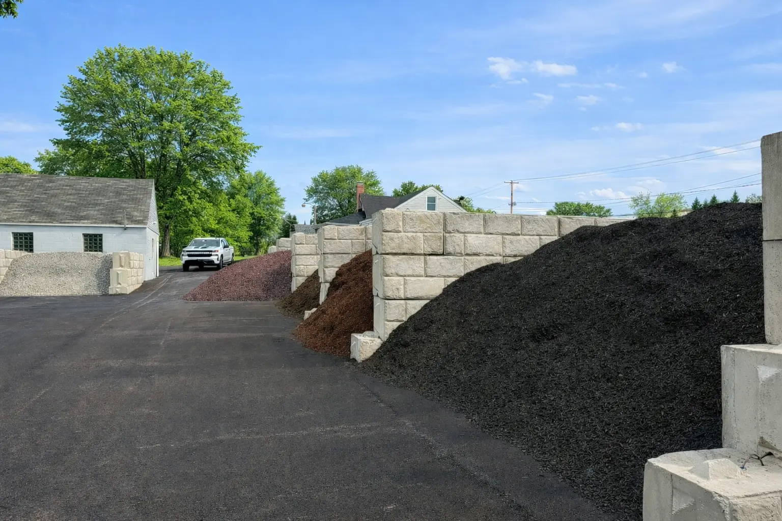 Rows of bulk mulch and decorative stone at JTR Garden Center yard in Youngstown Ohio
