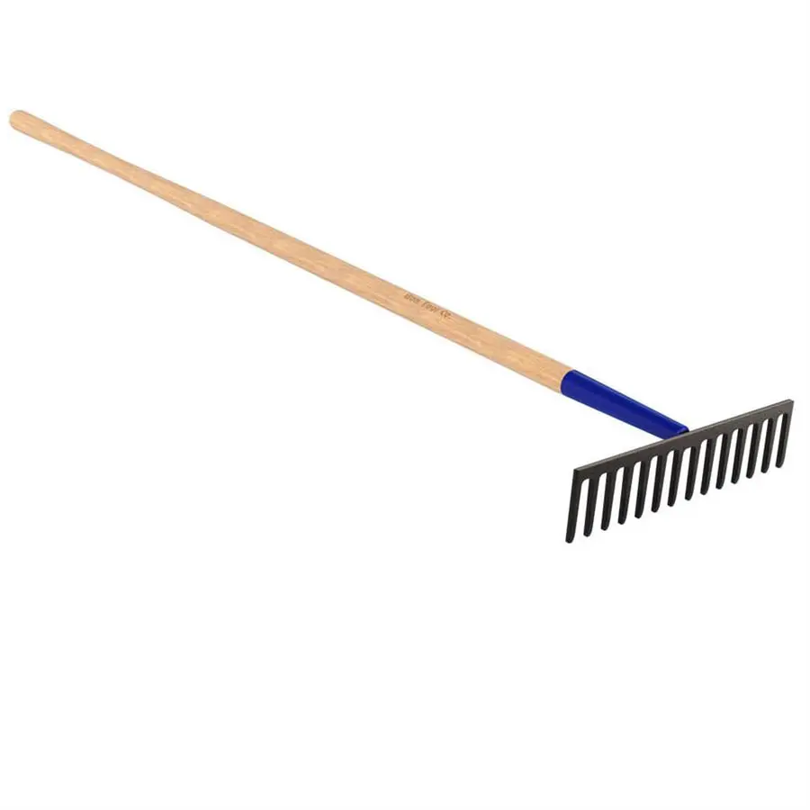 Landscape rake with wooden handle for leveling soil and spreading mulch